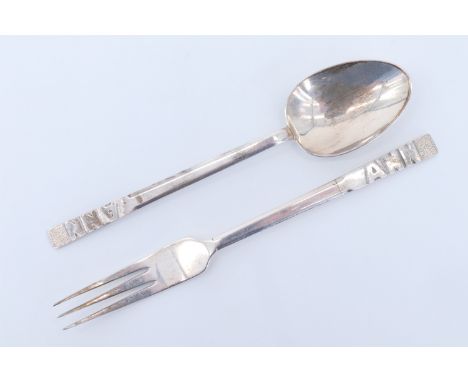 A 1930s Christening fork and spoon, the cast handles bearing the name 'Ann', London, 1935 / 1938, 60 g, approximately 16 cm