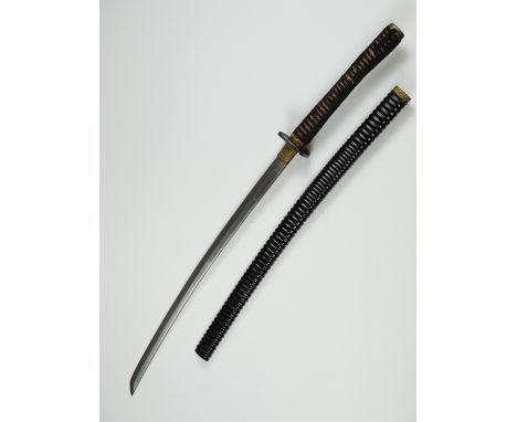 A Japanese sword, the blade exhibiting pronounced jihada, its tang inscribed, in a black lacquered ribbed scabbard, blade 60 