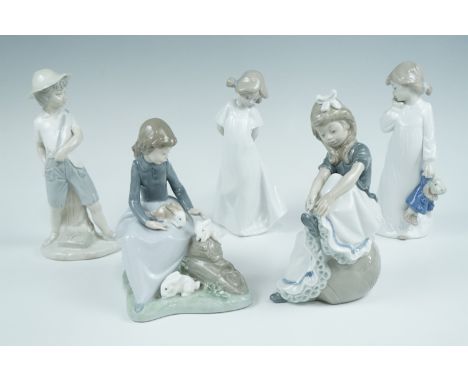Five Nao figurines, girl with rabbits etc, tallest 21 cm 