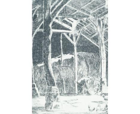 John R Exley (1890 - 1967) An engraving depicting a rural barn scene, card mounted in frame under glass, signed, 30 cm x 40 c