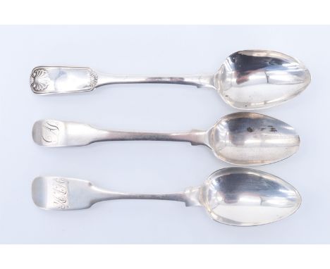 Three Scottish silver fiddle pattern teaspoons, two being 19th Century provincial, D Gray, Dumfries, J Pirie, Aberdeen, and W