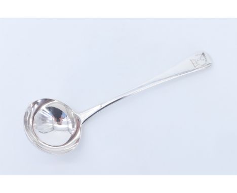 A George III Hanoverian pattern silver sauce ladle, the terminal bearing a crest of a stag passant below the motto 'virtus se