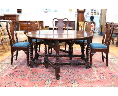 A late 17th / early 18th Century bobbin-turned oak gate-leg dining table, (top later), 143 cm x 188 cm x 74 cm