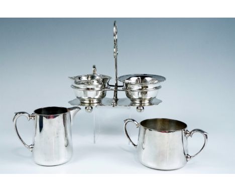 An early 20th Century electroplate sugar basin and milk / cream jug, a stand and one other pair