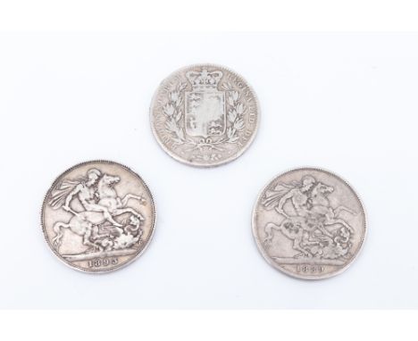 Three silver crowns, 1847, 1889 and 1893, first, second and third portrait respectively