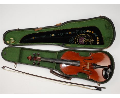 A late 19th / early 20th Century cased French Lutherie Artistique "M. Couturieux" violin, together with bow, violin back 35 c