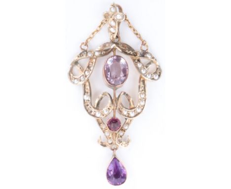 A Belle Epoque amethyst, pearl and 9 ct yellow metal open-work pendant, 49 mm, 3.5 g
