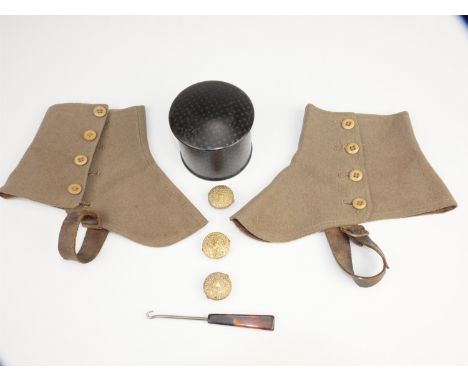 A Victorian wig powder brush in a lacquered mache pot, together with a pair of spats, Victorian shirt studs and a button hook