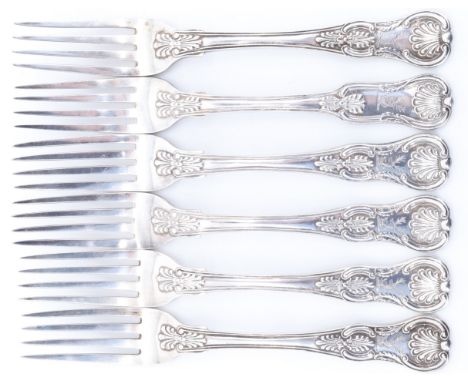 A set of five late Georgian silver Queen's pattern table forks, W E, London, 1824, together with another similar table fork, 