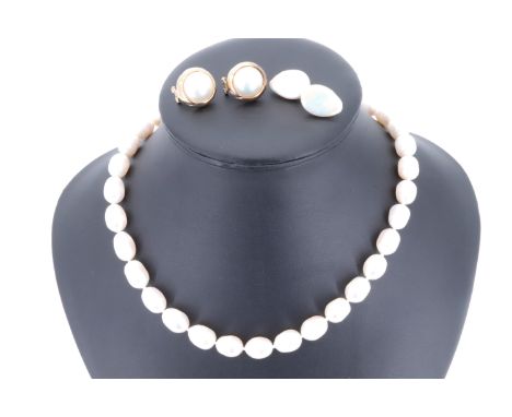 A necklace of large freshwater pearls, each approx 14 mm x 10 mm, 45 cm, together with two sets of yellow metal mounted pearl