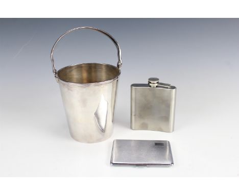 A 1950s Han-Bro faux engine turned cigarette case, together with an ice bucket and tongs, and a stainless steel hip flask, bu