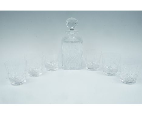 A set of six cut glass whisky tumblers and a square body cut glass spirit decanter, late 20th Century, tumblers 8.5 x 9 cm