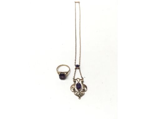 A vintage 9ct gold necklace with an amethyst pendant and matching 9ct ring also set with an amethyst. The necklace is also se