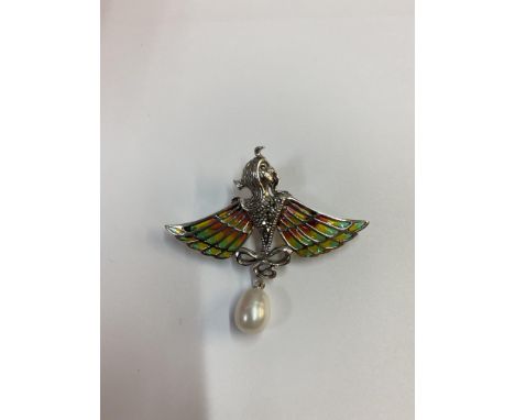 Silver plique-a-jour angel brooch/pendant with suspended pearl and marcasites