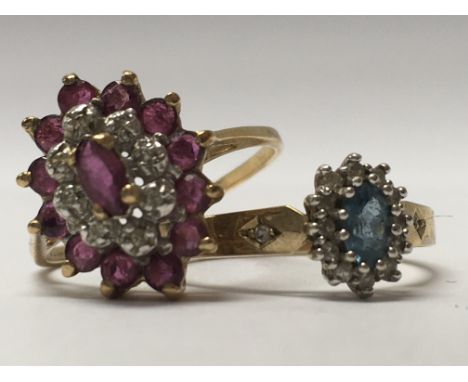 Two 9ct gold rings inset with aquamarine and diamond chips, amethyst and diamond chips