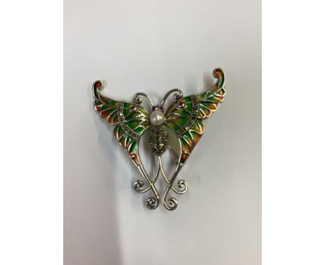 Large silver plique-a-jour moth brooch/pendant set with pearl, rubies and marcasites