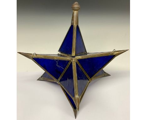 Lighting and Interior Design - an early 20th century blue glass stellated octahedron hall lantern or ceiling pendant, 44cm hi