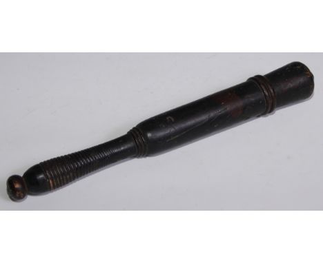 Police History - a Victorian turned, ebonised and polychrome painted truncheon, ribbed grip, 37.5cm long, c.1860 