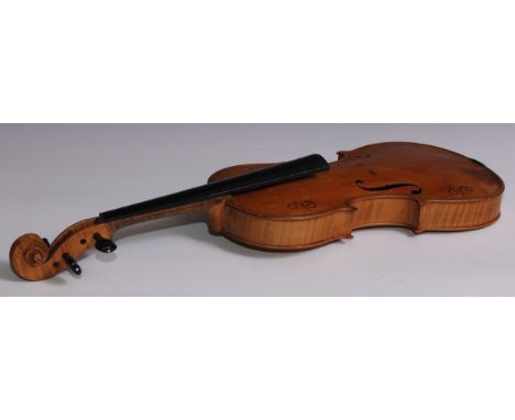 A violin, the one piece back 36cm long excluding button, inscribed with Latin epigram  'In silvis viva silui, canora iam mort