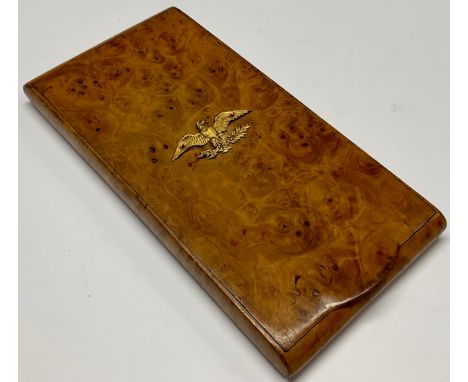 A Biedermeier gilt metal mounted burr maple snuff or tobacco box, in the Empire taste, the flush-hinged cover applied with an