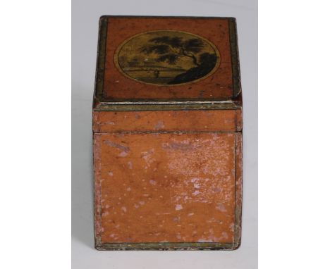 A George III rectangular tea caddy or canister, the hinged cover decorated engrisaille with a figure in a Picturesque landsca