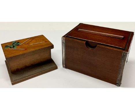 A George V silver mounted mahogany cigarette dispenser, 10cm wide, Birmingham 1925; an Italian olivewood table vesta and matc