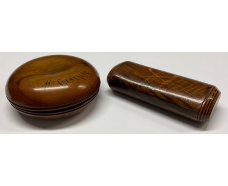 An Italian olive wood and marquetry rounded rectangular tobacco box, inlaid with crossed pipes, sliding compartment to side, 
