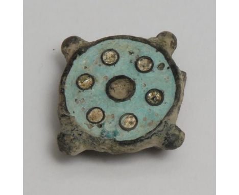 Antiquities - a Roman stud plate brooch, decorated in enamel, pierced fitting for fastening, 3cm diam, c.2nd - 3rd century AD