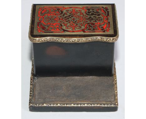 A 19th century boulle and ebonised table top vesta box, hinged cover inlaid with brass and tortoiseshell, the sloping base wi