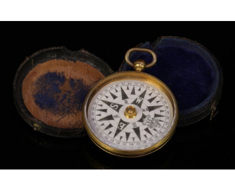 A 19th century brass travelling pocket compass, 6.5cm over loop, morocco case 