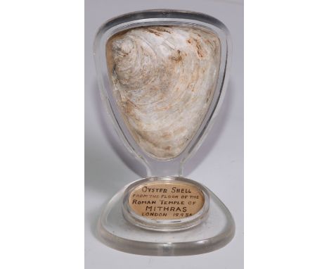 Antiquities - Roman London - an oyster shell, from the floor of the Roman Temple of Mithras, the museum type perspex collecto