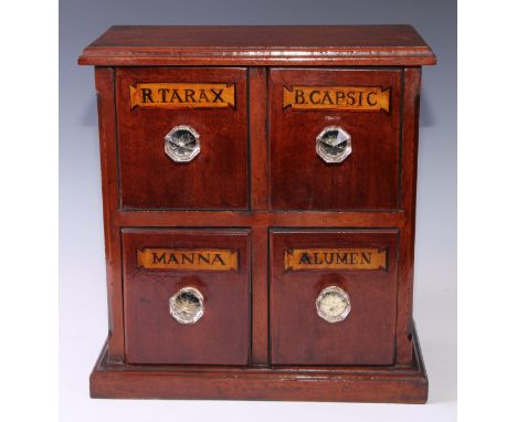 A mahogany table-top chest, as an apothecary cabinet, rectangular top above four small drawers, glass handles, 37.5cm high x 