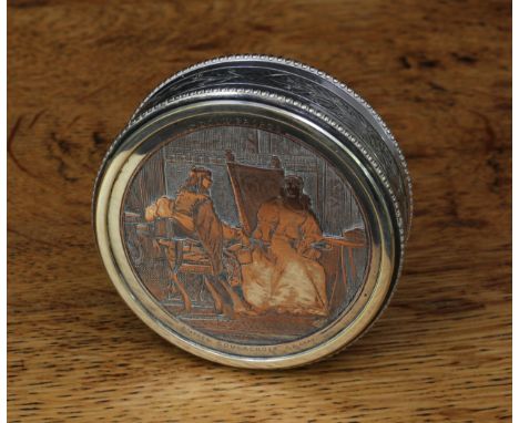 A 19th century French silvered circular snuff box, to cover after Frédéric Soulacroix with a courting couple in a Historicist