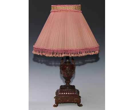 A French gilt metal mounted rosso antico marble urnular table lamp, lion paw feet, 34cm to base of fitting, early 20th centur