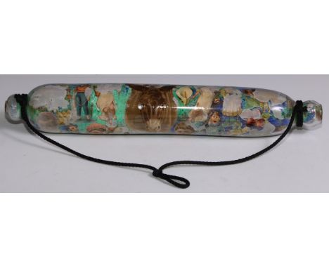 A 19th century decoupage rolling pin, 42cm long 