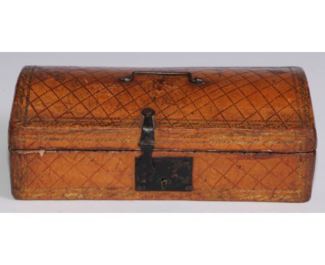 A French tooled leather table box, hinged domed cover with angular swan neck handle, iron hasp and lockplate, 26cm wide, 19th