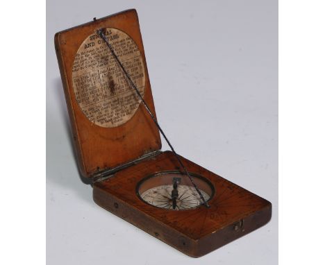 A 19th century boxwood travelling diptych sundial and compass, string gnomon, folding for the pocket, 8cm wide 
