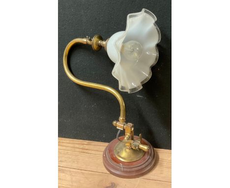 A 19th century brass swan neck gas wall light, later converted to electricity, fluted opaque glass shade, 37cm long overall 
