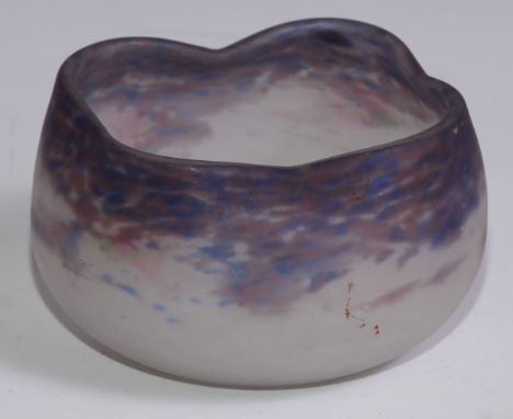 A Muller Freres Art Nouveau marbled glass bowl, in mottled tones of purple, wavy rim, 12cm diam, acid etched mark to side 