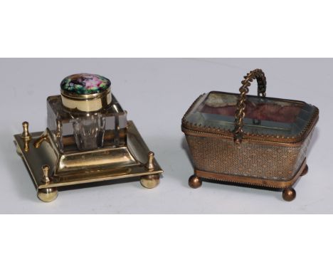 A late 19th century gilt metal basket-form bijouterie casket, ball feet, 8.5cm wide, c.1900; and early 20th century enamel mo