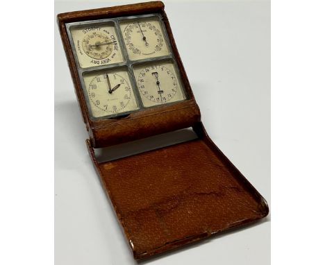 An Art Deco period folding travelling combibnation timepiece, barometer and perpetual calendar, the 7.5cm four-chapter split 