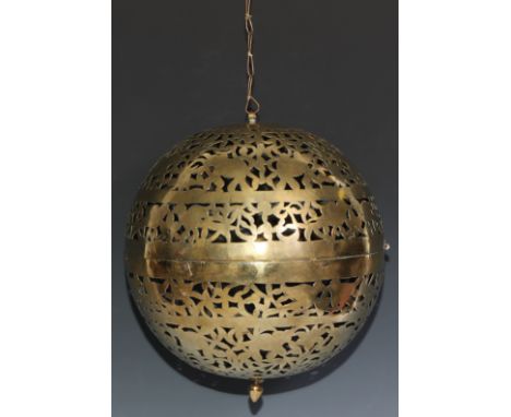 A large Indian/Middle Eastern rolling lamp, or shadow or incense ball, pierced with birds and animals amongst foliage, knop f