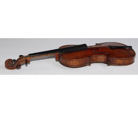 A 19th century violin, the well figured one-piece back 36cm long excluding button, outlined throughout with purfling, 60cm lo