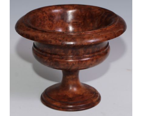 Treen - a turned burr walnut compressed campana table urn, 21cm diam 
