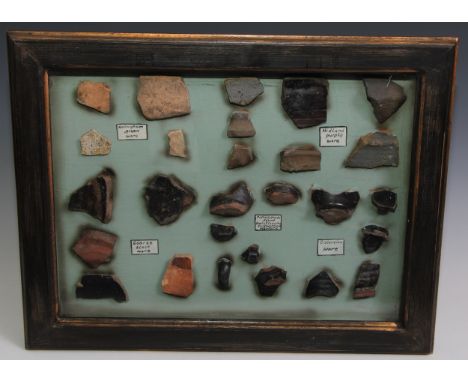Antiquities - a table-top museum-wunderkammer, English Civil War Pottery found at Newark, Nottinghamshire, the case 39.5cm x 
