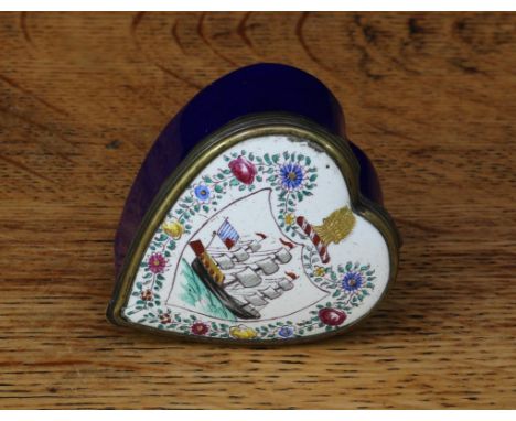 A 19th century Continental enamel heart shaped snuff box, hinged cover decorated in polychrome with a sailing ship and an arm