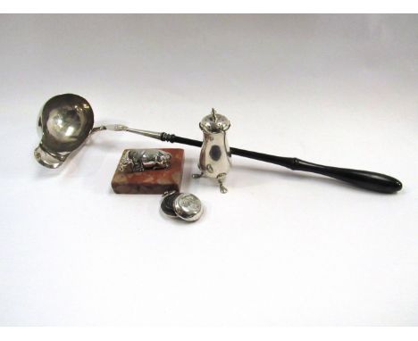 A punch ladle, pepperette, cow paperweight and sovereign case, a/f (4)