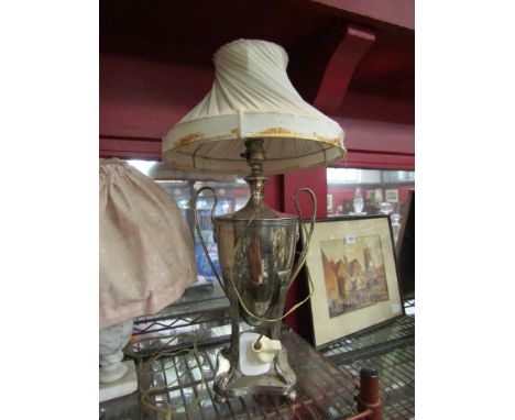 A silver plated table lamp and a marble style example, both with shades  