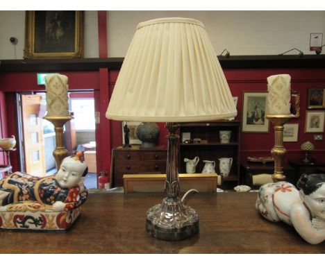 A silverplate on copper table lamp with pleated shade, 48cm tall