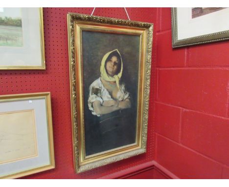 After Nicolae Grigorescu: Oleogrpah portrait of a young peasant girl wearing a yellow head scarf, in gilt frame, 65.5cm x 35c